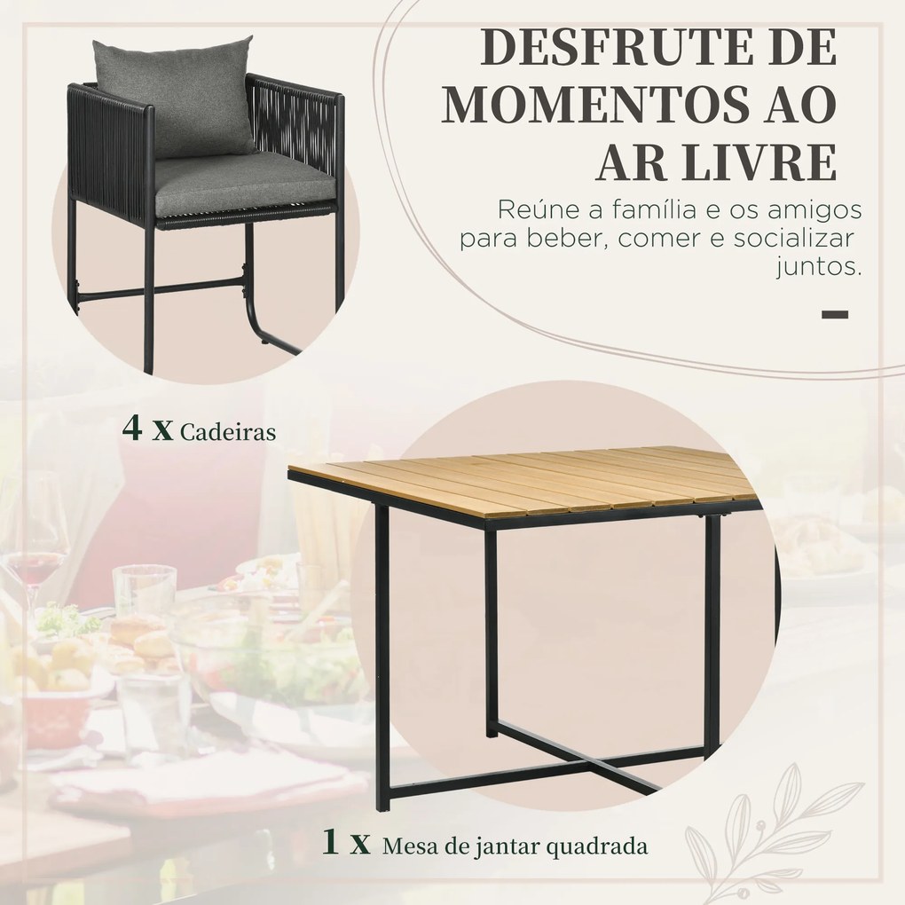 Conjunto de Jardim de Vime Sintético 5 Peças com Mesa Quadrada e 4 Cadeiras Almofadas Preto e Madeira