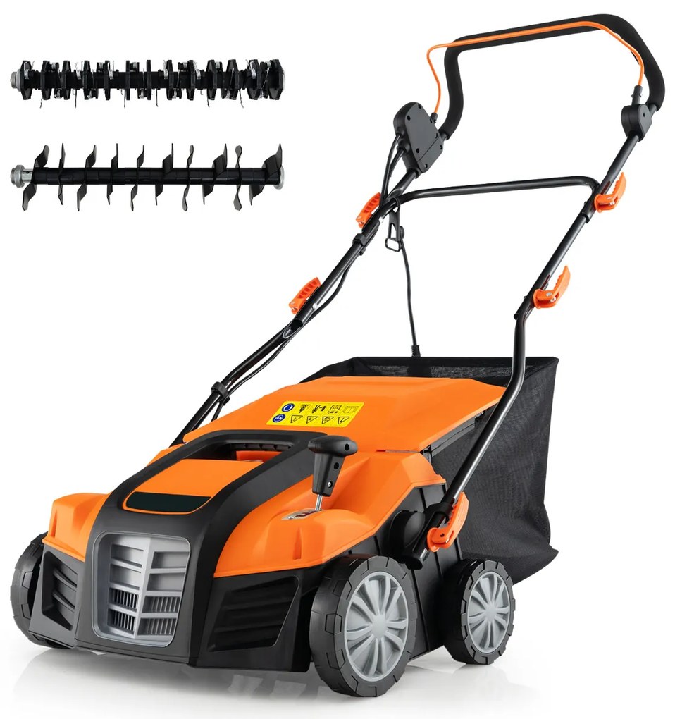 Corta-ervas Elétrico Dobrável 2 em 1 de 41 cm 15 A com ajuste de altura e profundidade e saco coletor de 55 L Laranja