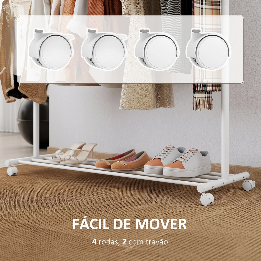 Guarda roupa com Rodas 5 Ganchos Barra para Pendurar e Prateleira Inferior 120x43x171 cm Branco