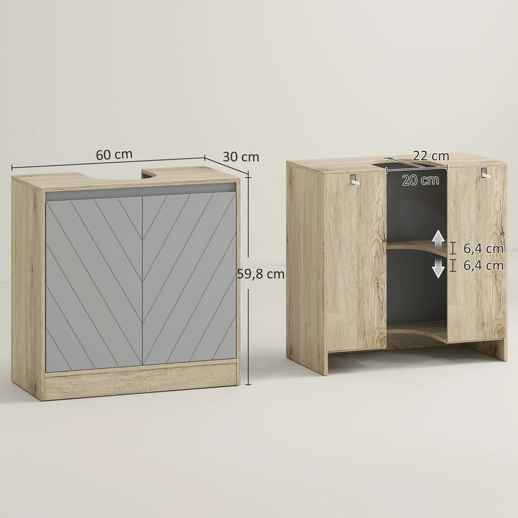 Móvel para Lavatório (NÃO INCLUIDO) Casa de Banho com Porta Dupla e Prateleira Ajustável Carga 50kg 60x30x59,8 cm Carvalho e Cinza