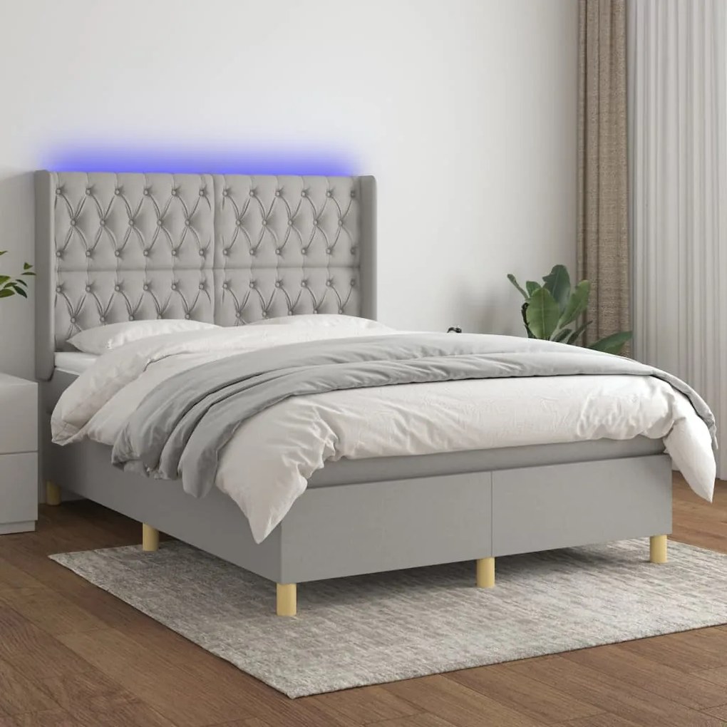3139109 vidaXL Cama box spring c/ colchão e LED 140x190 cm tecido cinza-claro