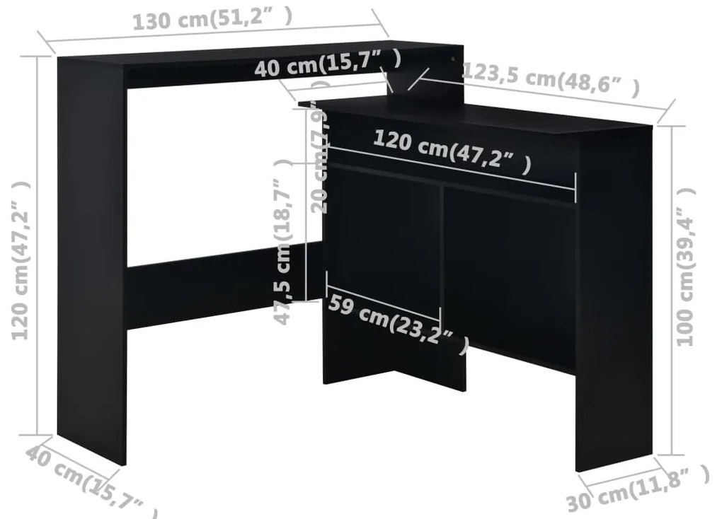 Mesa de bar com 2 tampos preto 130x40x120 cm