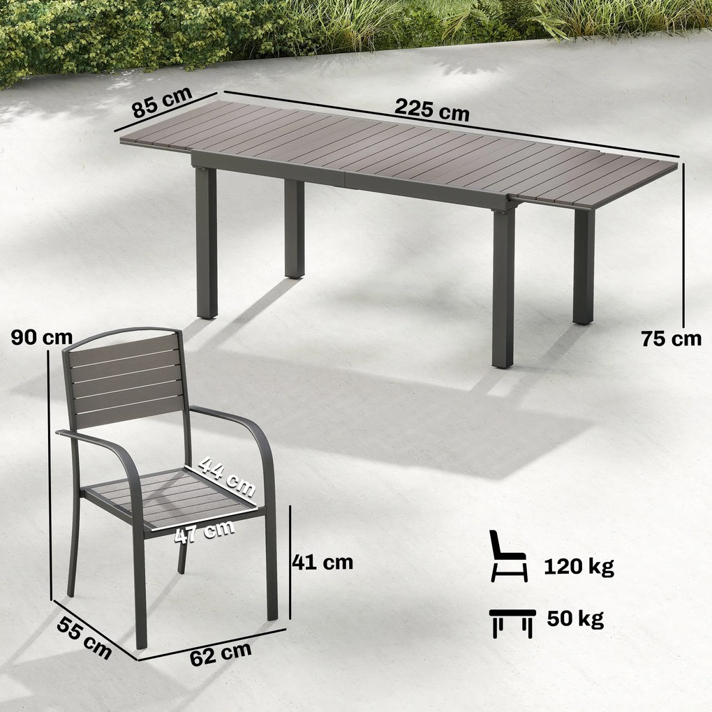Conjunto de Mesa e Cadeiras de Jardim com Mesa Extensível Estrutura de Alumínio 8 Cadeiras e Tampo de Ripas de Madeira Plástica