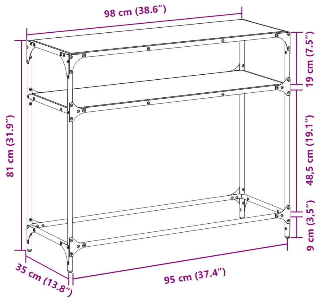Mesa consola com tampo em vidro preto 98x35x81 cm aço