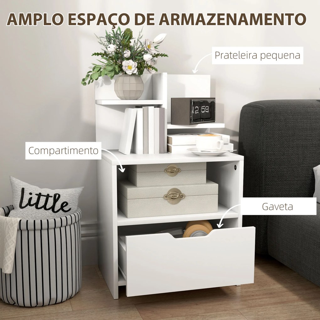 Mesa de Cabeceira de Madeira Moderna com Gaveta e Prateleiras de Armazenamento 45x35x73 cm Branco