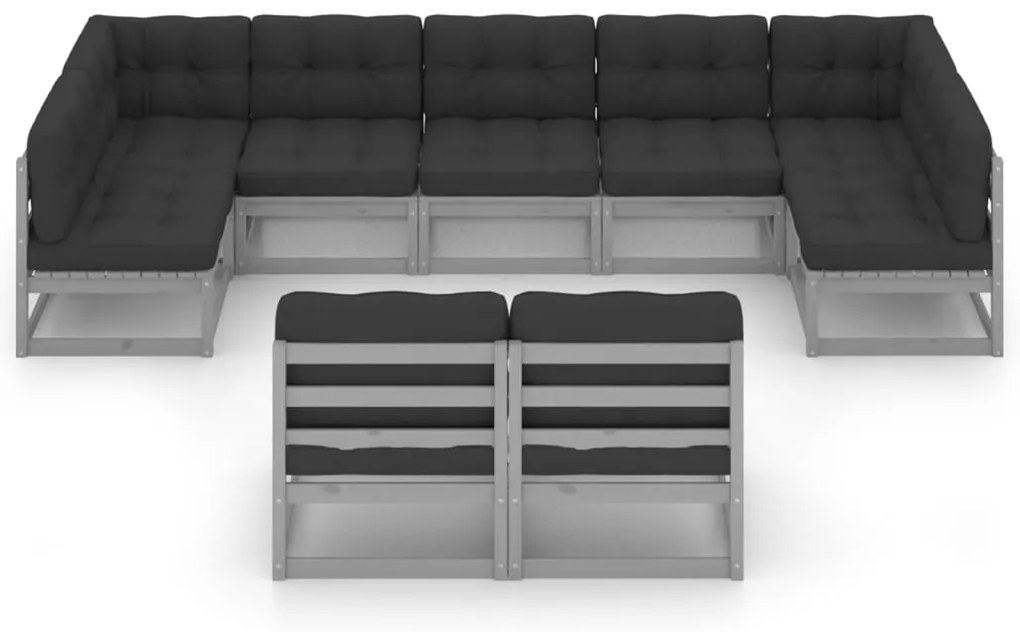 9pcs conjunto lounge de jardim c/ almofadões pinho maciço cinza
