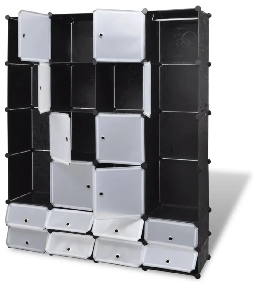 Armário plástico modular 18 gavetas 37x146x180,5cm preto branco