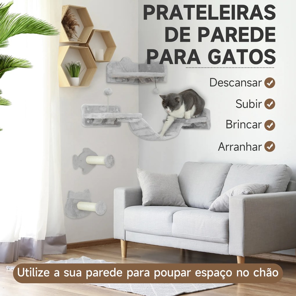 Conjunto de Prateleiras de Escalada para Gatos de 4 Peças com 2 Postes de Sisal e Plataforma para Saltar Cinzento
