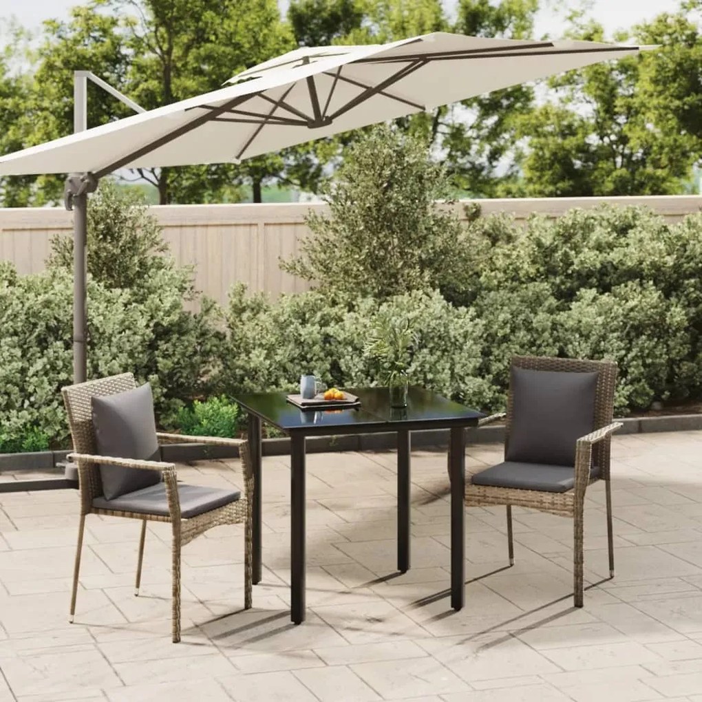 3185113 vidaXL 3 pcs conj. jantar p/ jardim c/ almofadões vime PE preto/cinza