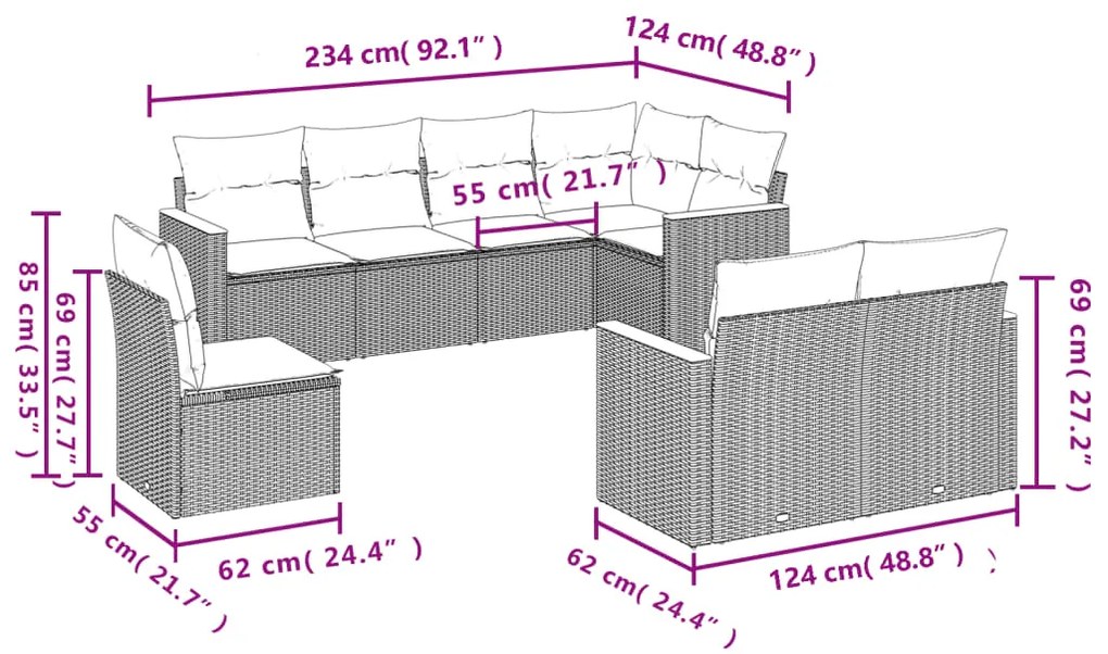8 pcs conjunto sofás de jardim com almofadões vime PE preto