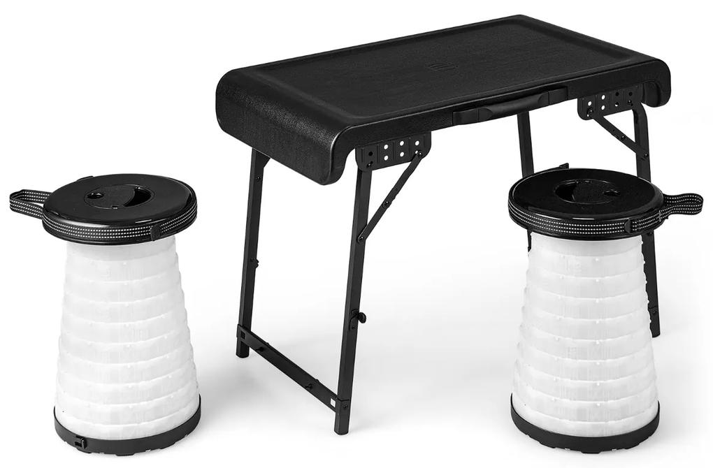 Conjunto de mesa dobrável para acampamento e 2 bancos dobráveis ​​telescópicos portáteis com altura ajustável de LED para praia, piquenique, churrasco