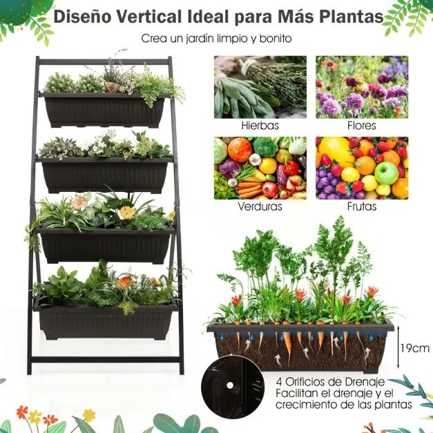 Floreira/horta elevada de 4 níveis e orifícios de drenagem, jardineira para verduras, ervas e flores (76 x 70,5 x 160 cm)