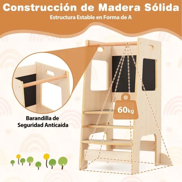 Banco de cozinha para crianças Torre de pé com quadro de actividades, altura ajustável e grade de segurança em madeira Natural