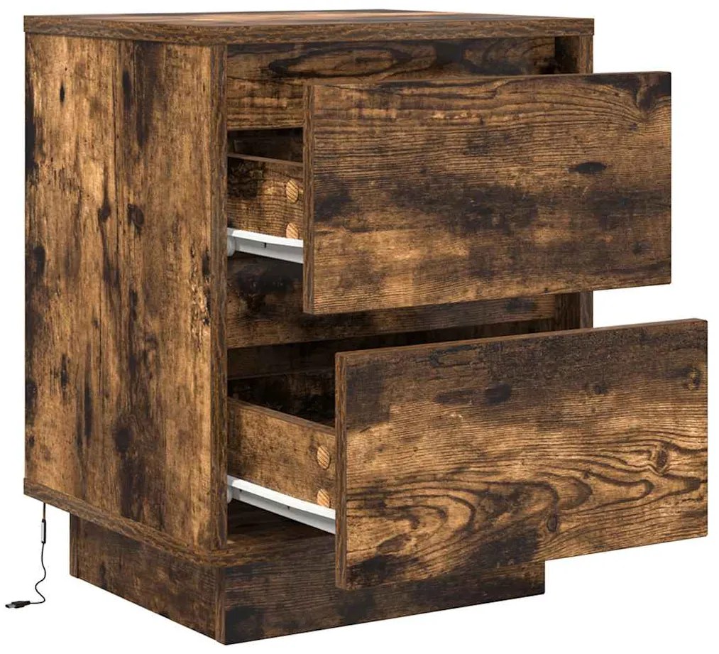Mesas cabeceira c/ luzes LED 2 pcs 38x34x50 cm carvalho fumado