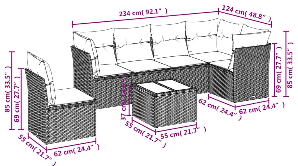 7 pcs conjunto sofás p/ jardim c/ almofadões vime PE cinzento
