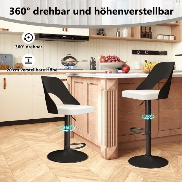 Conjunto de 2 bancos de bar giratórios 360°, ajustáveis em altura, bancos de cozinha com assento e encosto em couro sintético preto