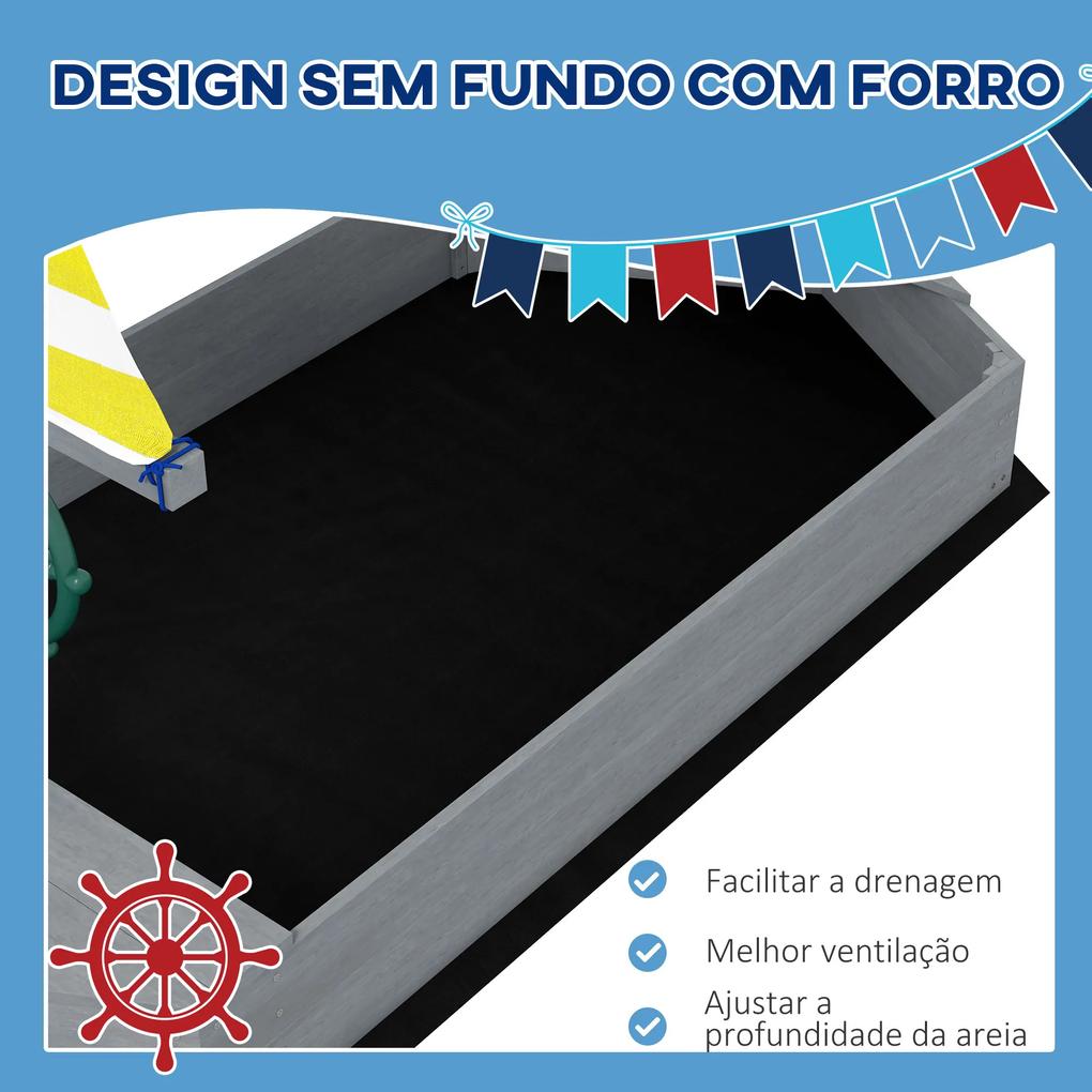 Caixa de Areia para Crianças de Madeira com Bandeira e Leme em Forma de Veleiro para Pátio Jardim 190x90x138 cm Cinza Escuro