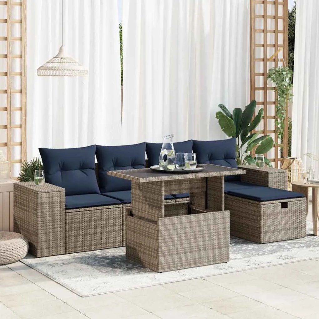6 pcs conj. sofás jardim c/ almofadões vime PE/acácia castanho