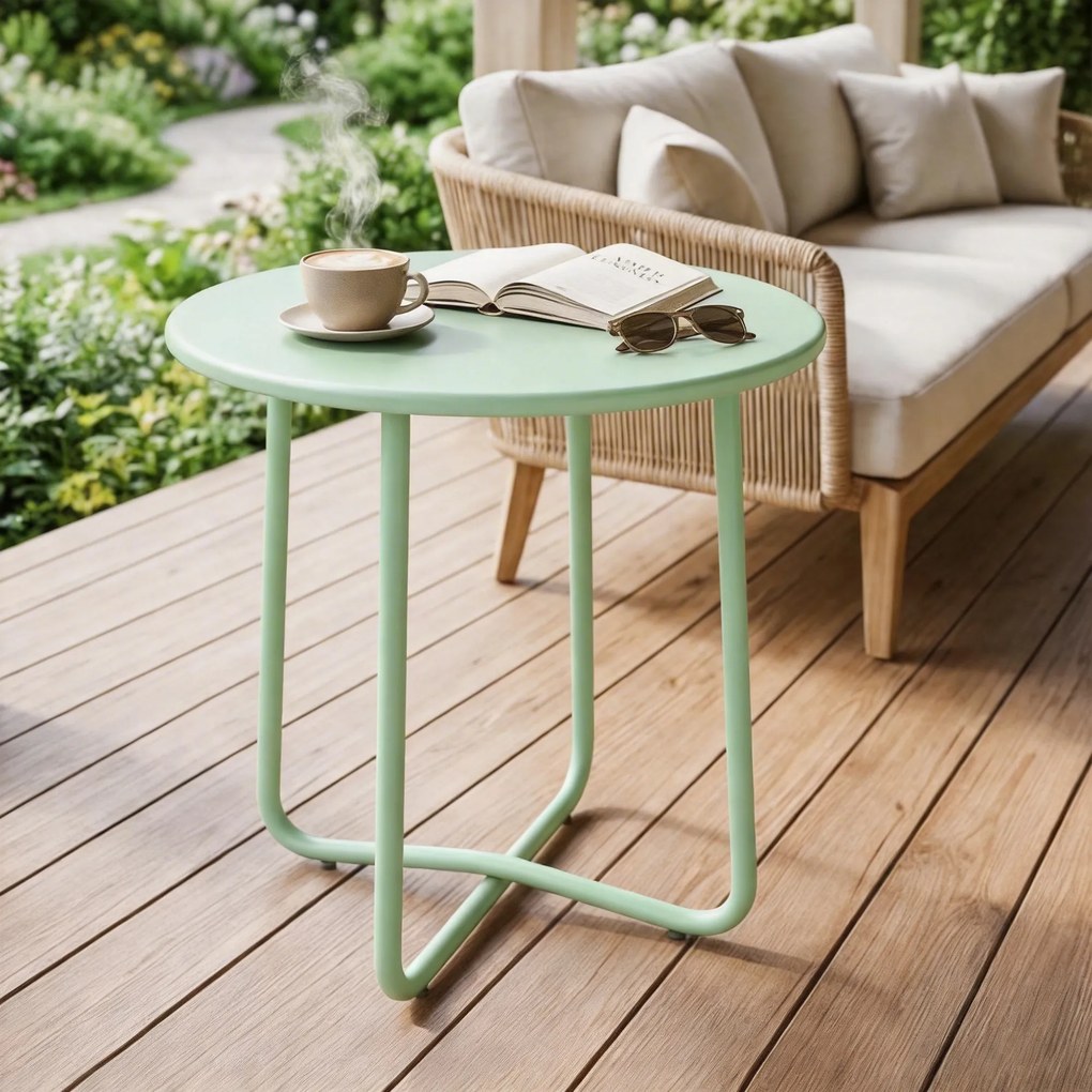 Mesa de centro de jardim com borda enrolada Ø48x51 cm,, base em X com pés ajustáveis em altura, para sala de estar na esplanada, verde