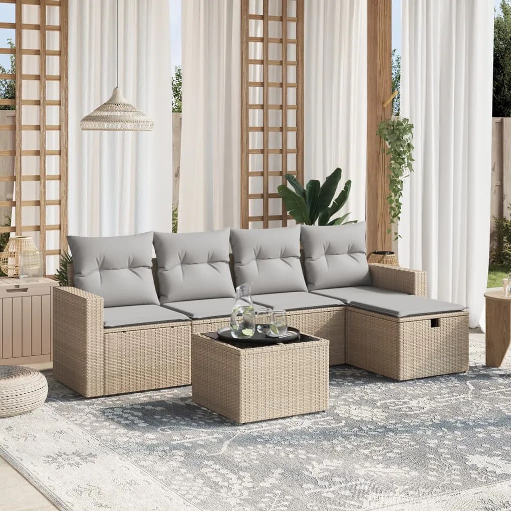 6 pcs conj. sofás jardim c/ almofadões vime PE bege misturado