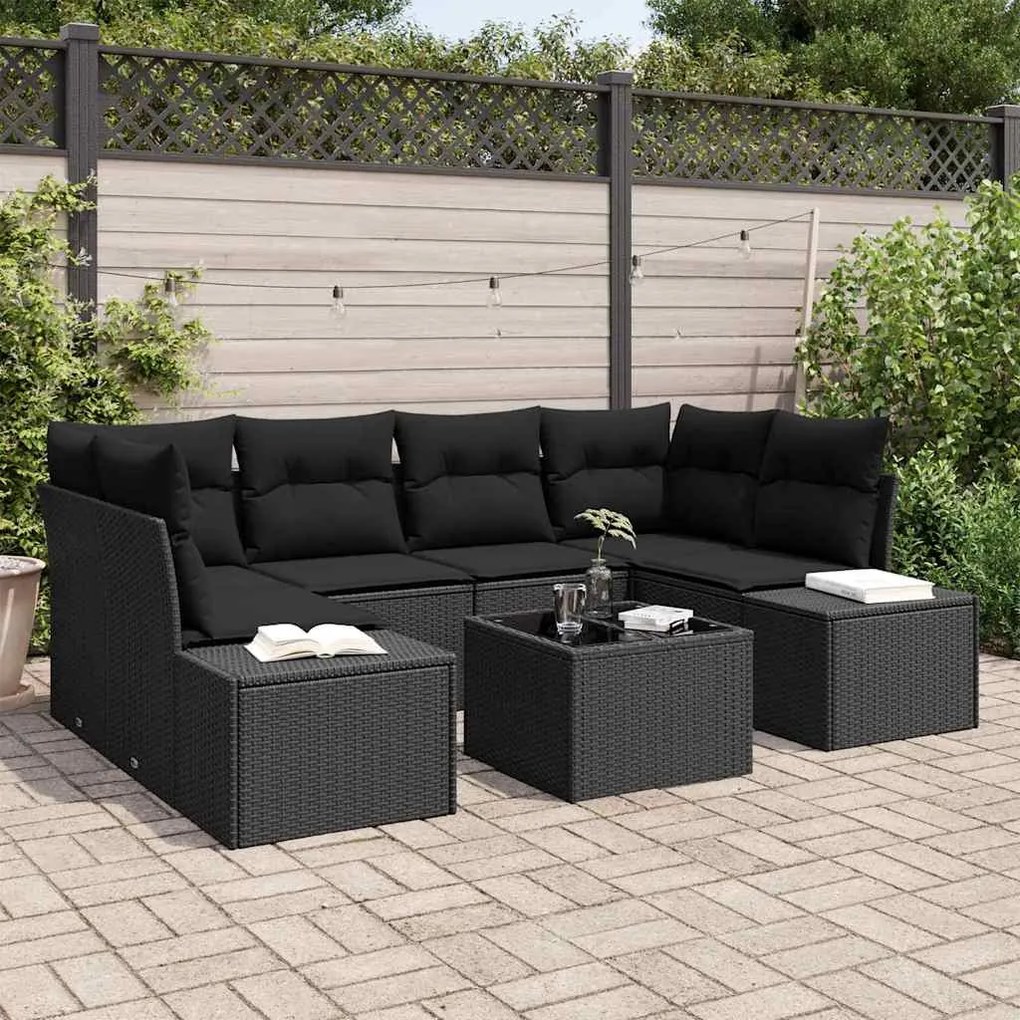 vidaXL Conjunto de Sofá de Jardim com almofada 7 pcs Preto vime PE