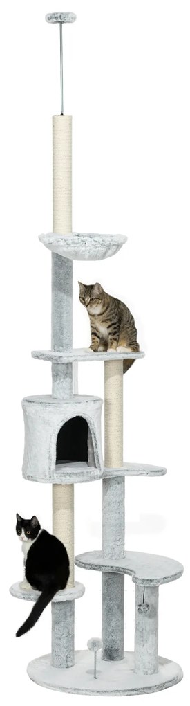 PawHut Arranhador Gatos Teto Altura Ajustável Caverna Plataformas Rede Postes Arranhar Brinquedos Ø60x225-255 cm Cinza | Aosom Portugal