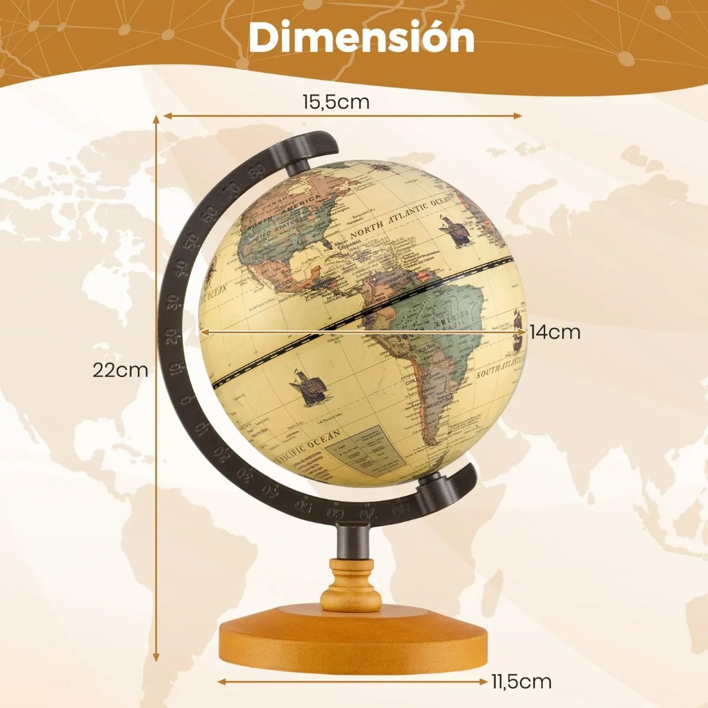 Mini Globo terrestre antigo com 14 cm de diâmetro terrestre giratório com base de madeira para aprender geografia Bronze