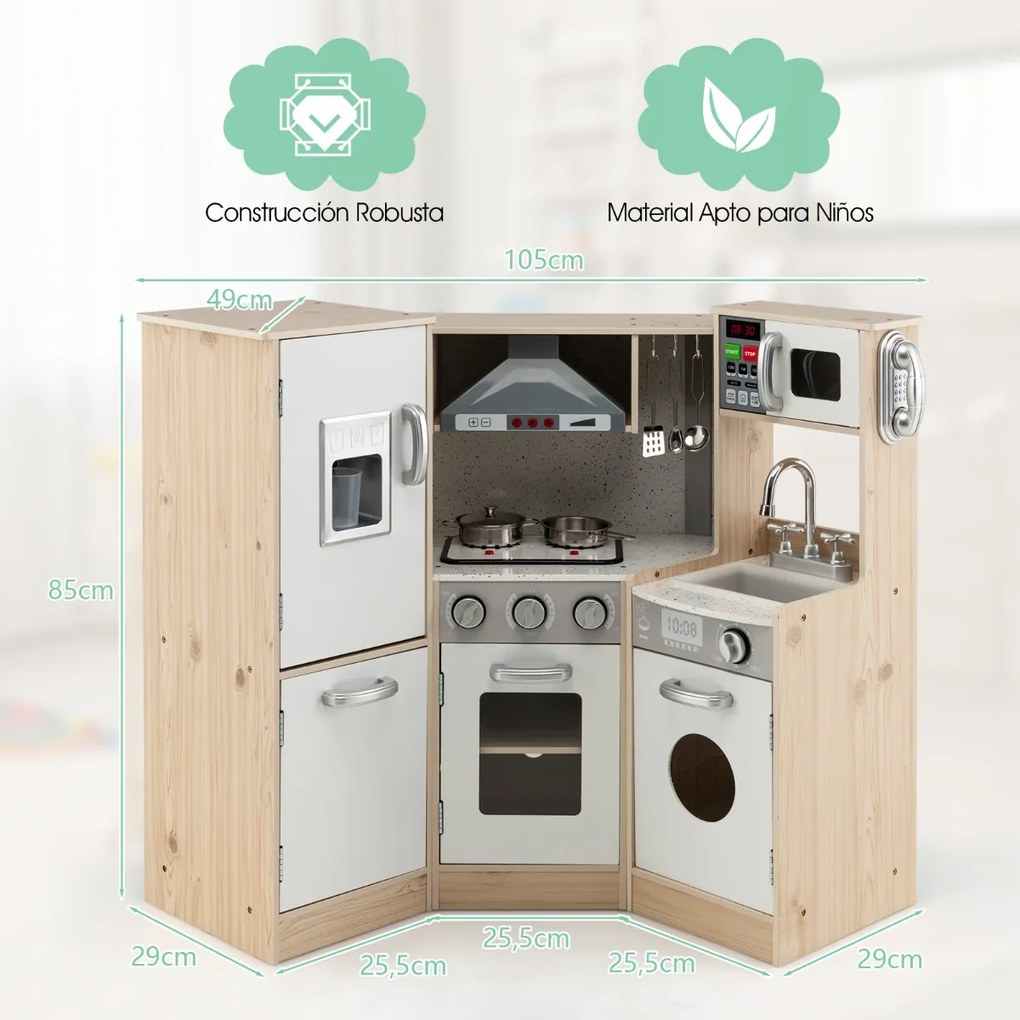 Conjunto de cozinha de madeira para crianças, brinquedo de cozinha com sons e acessórios realistas, jogo de telefone para crianças de +3 anos Branco +