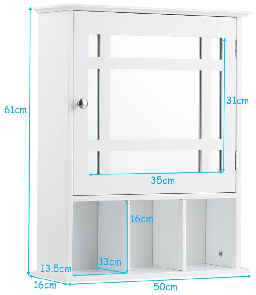 Armário de casa de banho com espelho de parede com porta e Estante Armário de arrumação  50 x 16 x 61 cm branco
