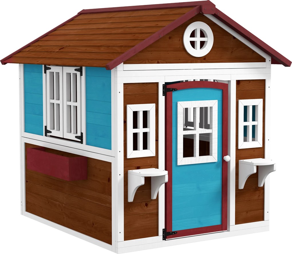 Casinha de Madeira Infantil com Porta Janelas Floreiras e Prateleiras com Detalhes de Cor 114x126,4x135 cm Castanho Escuro