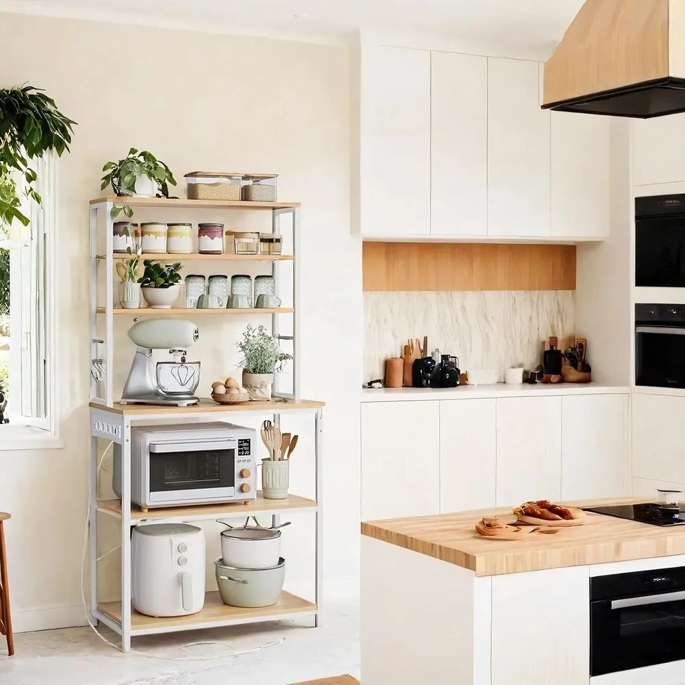 Armário de cozinha com tomadas 40 x 80 x 167 cm cor de carvalho dourado e branco