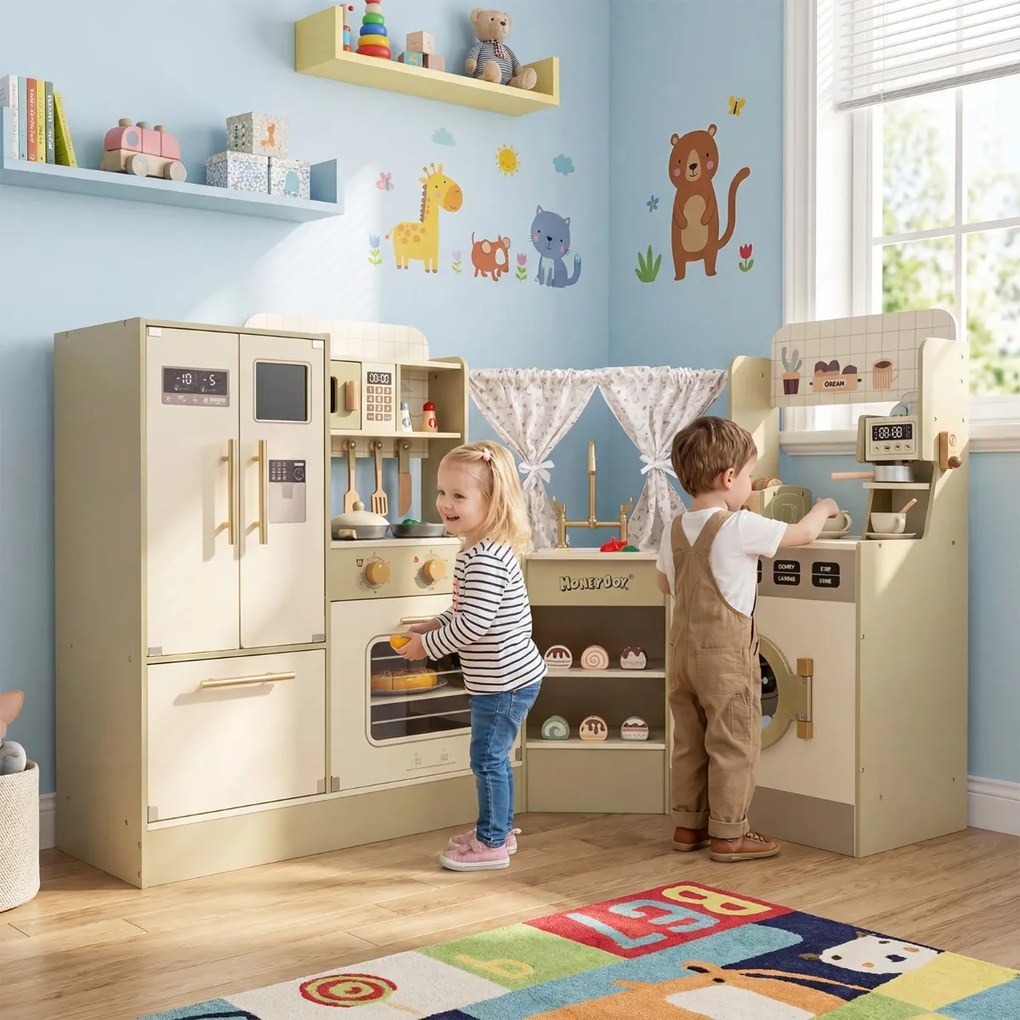 Cozinha de brincar de Canto infantil 146,5 x 54 x 85,5 cm com torneira e máquina de lavar louça 21 acessórios Eletrodomésticos para crianças 3+ anos V