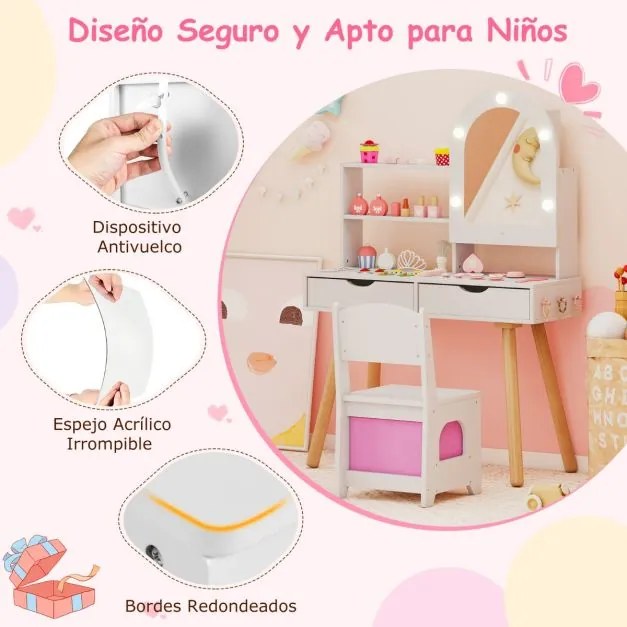 Toucador para crianças com 3 modos de iluminação colorida Brilho ajustável Estantes abertas e gavetas Branco