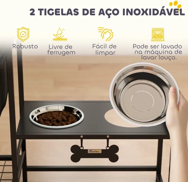 Comedouro Elevado para Cães com Gaveta em Tecido 2 Taças de Aço Inoxidável 2x800 ml 89,5x27x74 cm Altura Ajustável 2 Prateleiras Preto