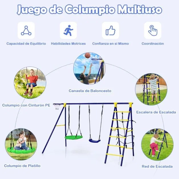 Conjunto de baloiço de jardim para crianças 5 em 1 com cesto de basquetebol Rede de trepar Estrutura metálica para parque de jardim295 x 138 x 176,5 c