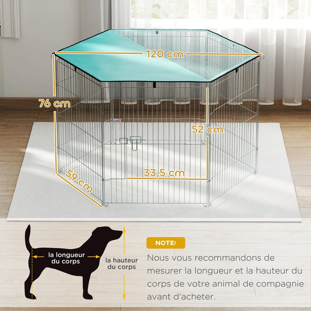 Parque para cães de 76 cm de altura, recinto para cães com 6 painéis e teto, modular e dobrável, recinto portátil com porta verde e prateada