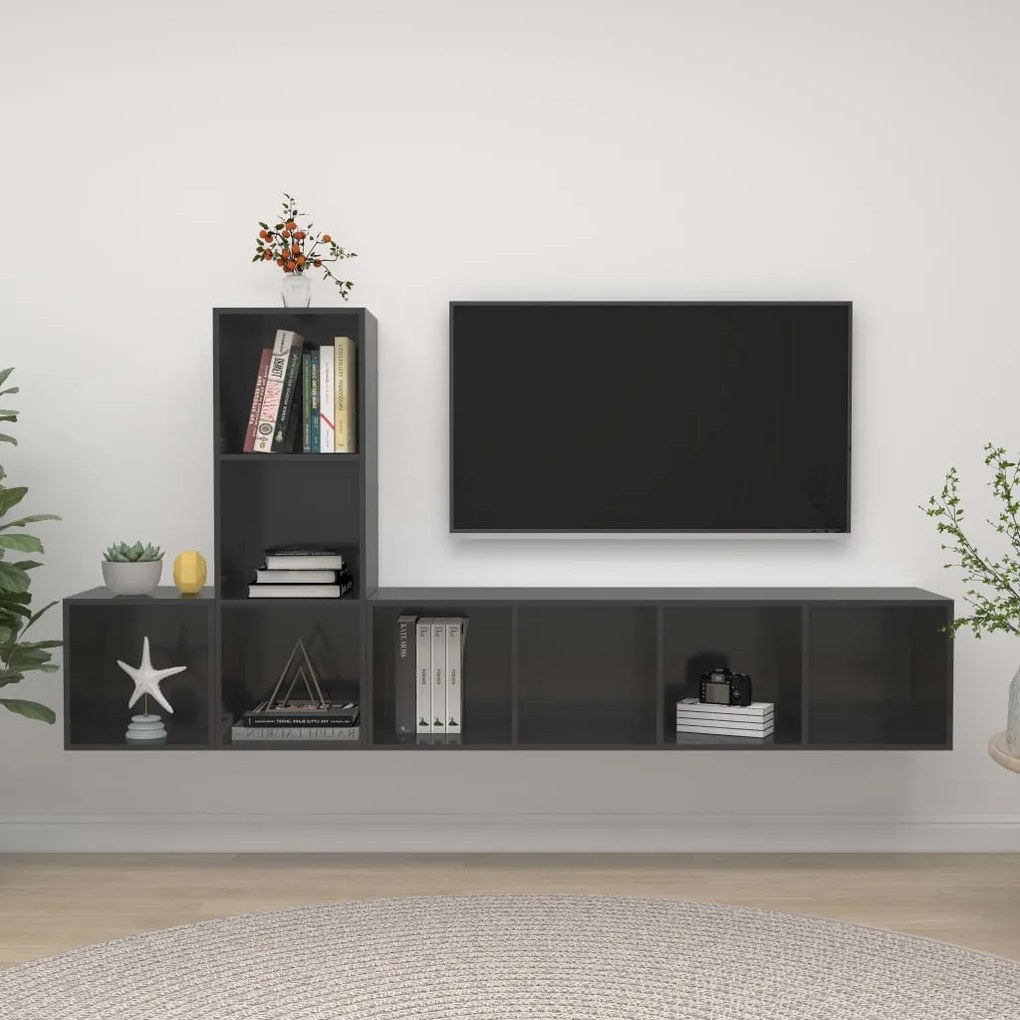 vidaXL 3 pcs conjunto móveis de TV derivados madeira cinza brilhante