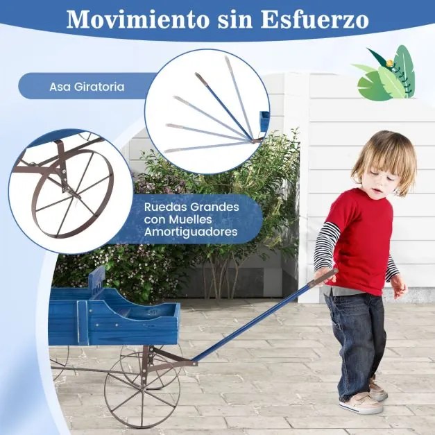 Carrinho floreira de madeira decorativo com rodas e 2 secções para plantas Jardim Pátio 62 x 34 x 60 cm Azul