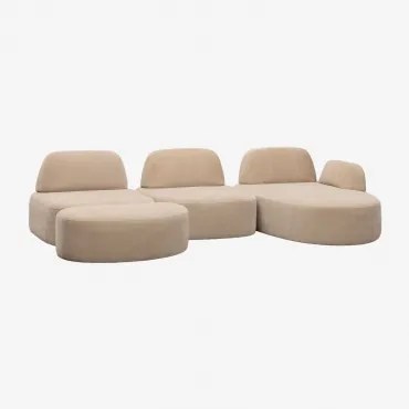 Sofá Modular Chaise Longue Direito De 3 Peças E Puff Estofado Giorgia Chenille Castanho Areia Claro - Sklum