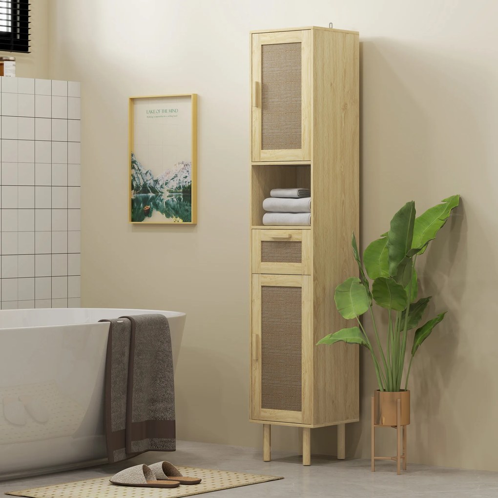 Móvel de casa de banho 32 x 30 x 170 cm com coluna de arrumação, portas em rattan, gaveta e 2 armários, cor em carvalho