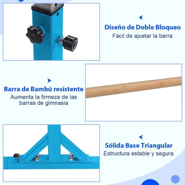 Barras de ginástica paralelas com largura ajustável e 11 alturas Carga 100 kg para crianças 6-12 anos 250 x 131 x 140 cm  Azul