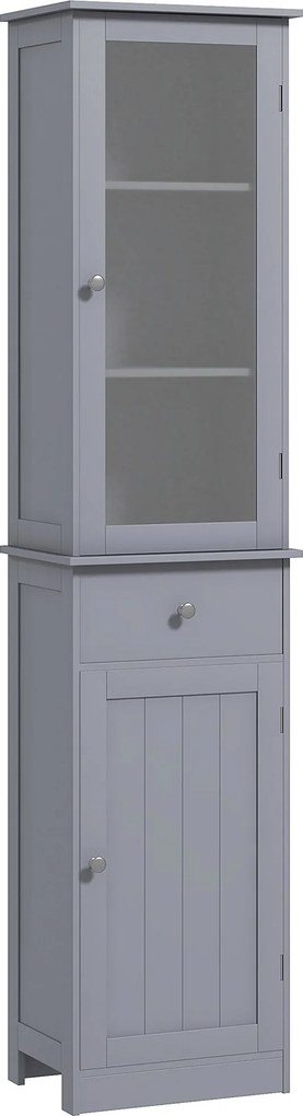 Kleankin Armário Coluna Alto para Casa de Banho com Porta Acrílica Gaveta 40x27x171,5 cm Cinza | Aosom Portugal