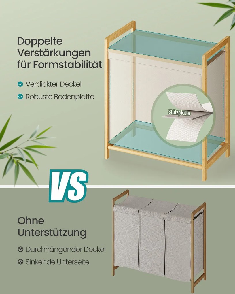 Cesto para roupa suja 150L 65 x 40 x 78 cm com estrutura em bambu e dois compartimentos creme