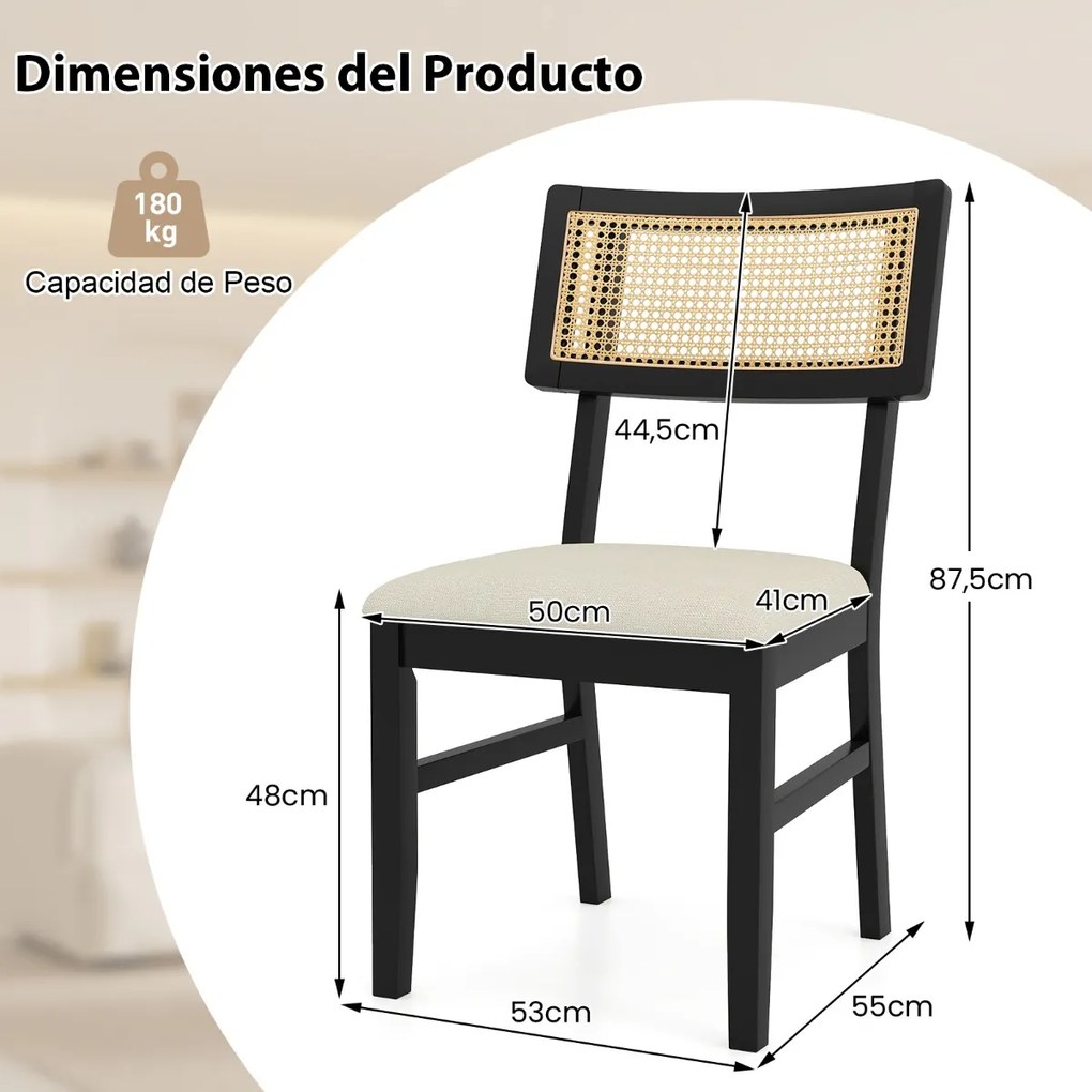 Conjunto de 2 cadeiras de jantar em rattan para cozinha, tecido acolchoado, pernas em madeira, encosto curvo, estilo rústico, preto e bege