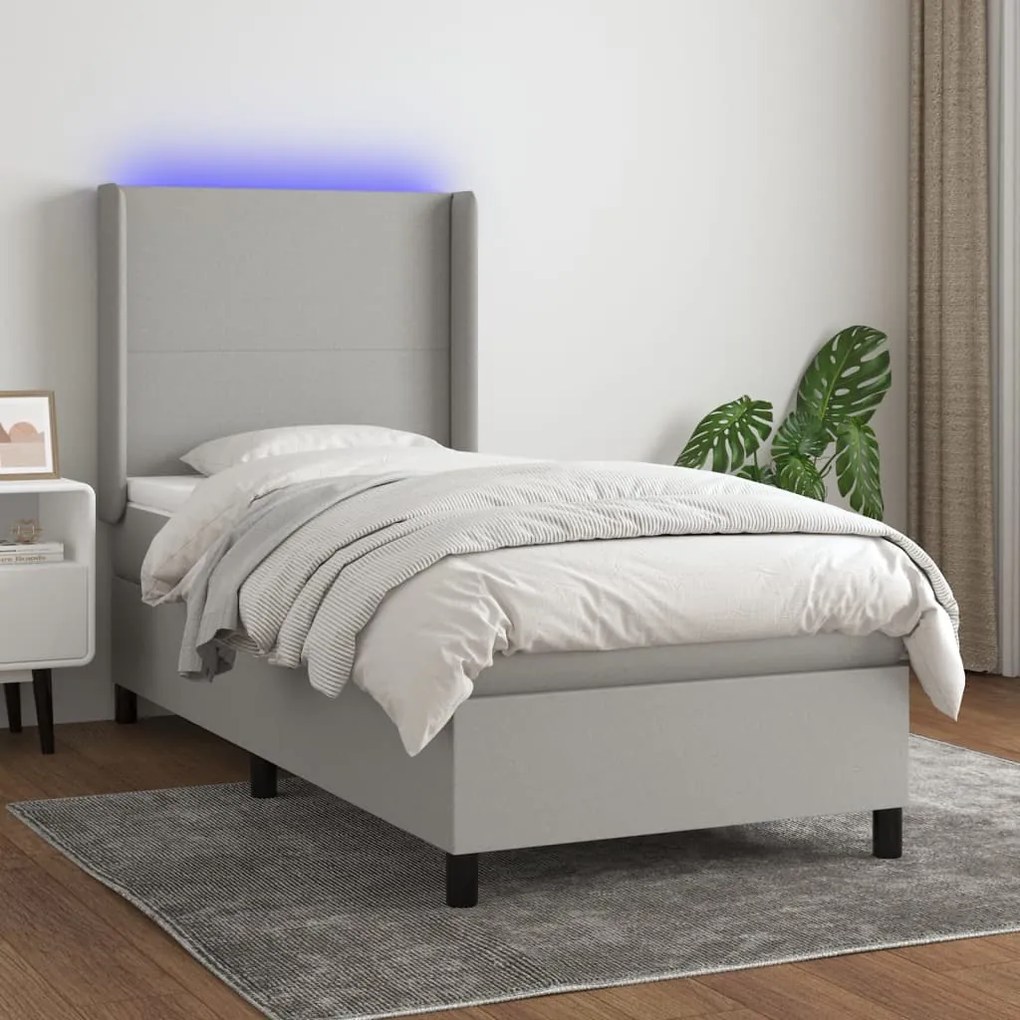 Cama box spring c/ colchão e LED 90x190 cm tecido cinza-claro