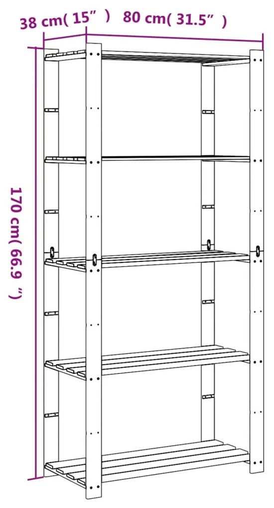 Unidade de 5 prateleiras 80x38x170 cm pinho maciço castanho