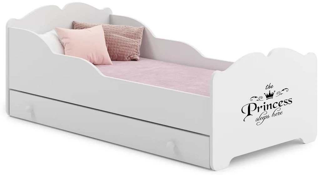 Cama infantil ANNA branca com gaveta 160x80 - ilustração princesa - colchão e estrado incluído