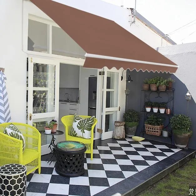 Toldo retrátil 4 x 2,5 m para varanda, terraço Cobertura em poliéster com manivela manual Estrutura em alumínio resistente Castanho