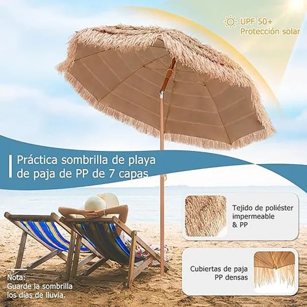 Guarda-sol Ø 220 cm havaiano em palha Plastico PP (BASE NÃO INCLUIDA) com 8 varas e proteção UV natural