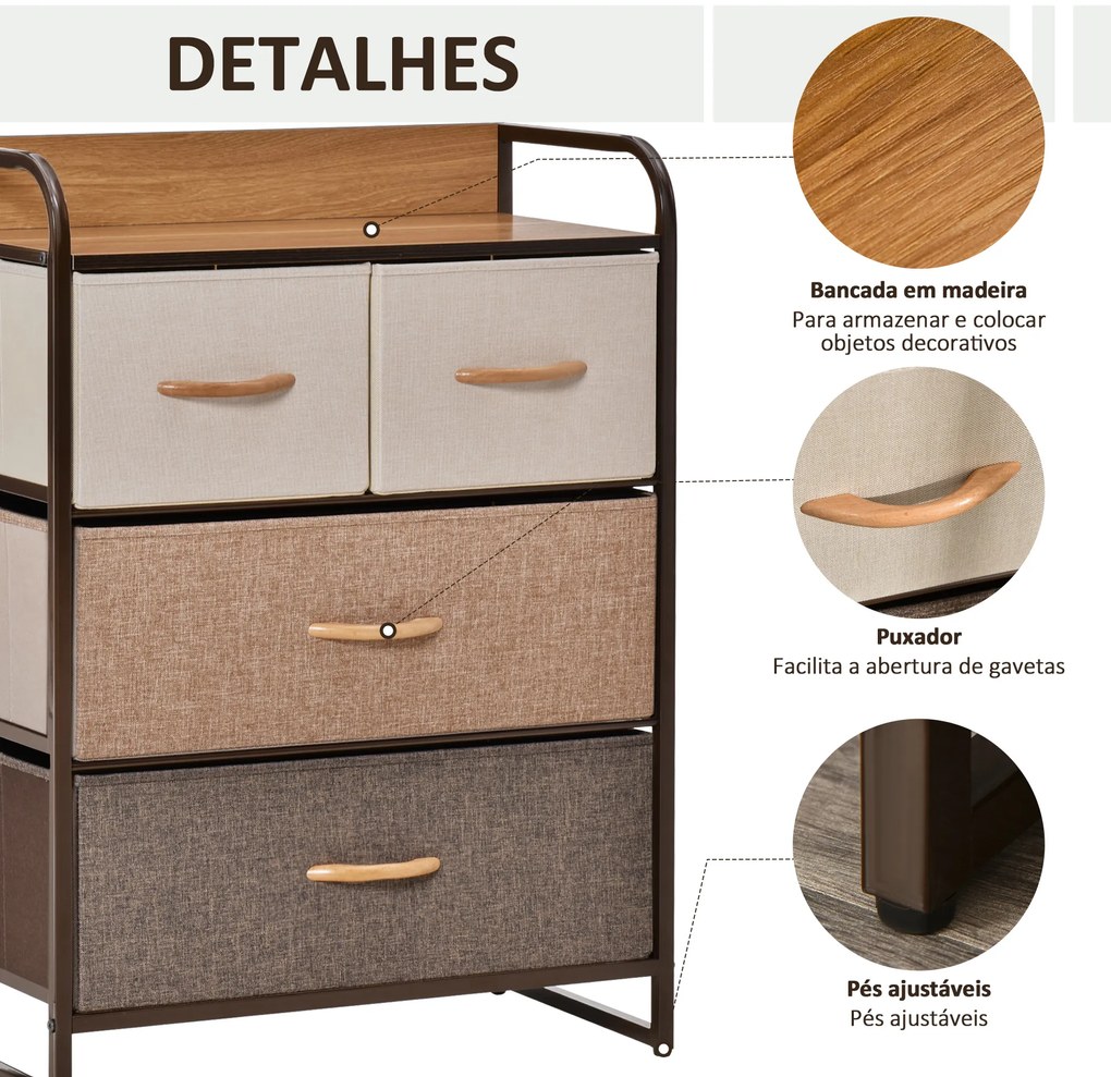 Cómoda de Tecido com 4 Cestos Removíveis e Dobráveis Base Elevada Móvel de Armazenamento 58x29x78,5 cm Multicor